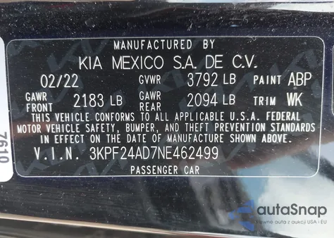 2022 Kia Forte Lxs z USA, uszkodzony, nr VIN 3KPF24AD7NE462499